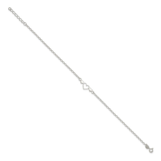 Sterling Silver Three Hearts  9 inch Plus 1 inch Extender - Total 10 inch Anklet