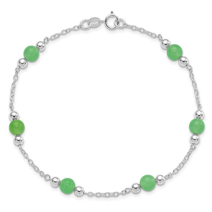 Sterling Silver Rhodium-plated 9inch Polished Green Jade Anklet