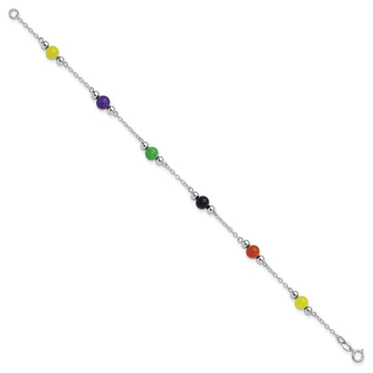 Sterling Silver Rhodium-plated 9inch Polished Multi-Color Jade Anklet