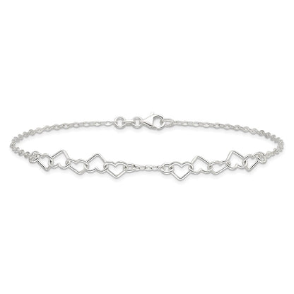 Sterling Silver 10inch Polished Fancy Heart Link Anklet