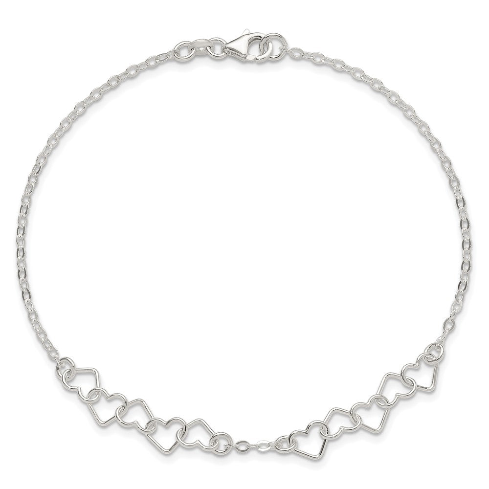Sterling Silver 10inch Polished Fancy Heart Link Anklet