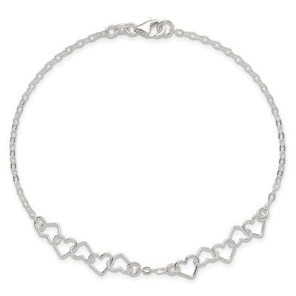 Sterling Silver 10inch Polished Fancy Heart Link Anklet