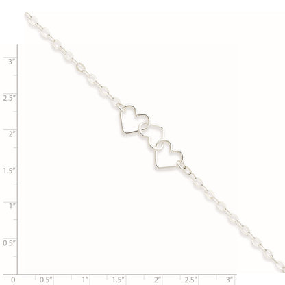 Sterling Silver 10inch Solid Polished Fancy Heart Link Anklet