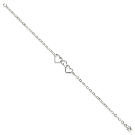Sterling Silver 9inch Solid Polished Fancy Heart Link Anklet