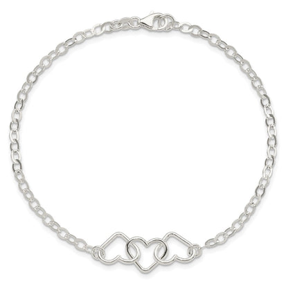 Sterling Silver 10inch Solid Polished Fancy Heart Link Anklet