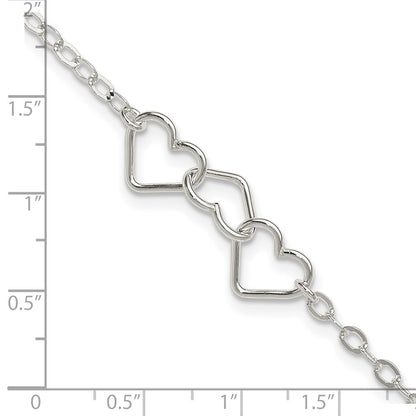 Sterling Silver 10inch Solid Polished Fancy Heart Link Anklet