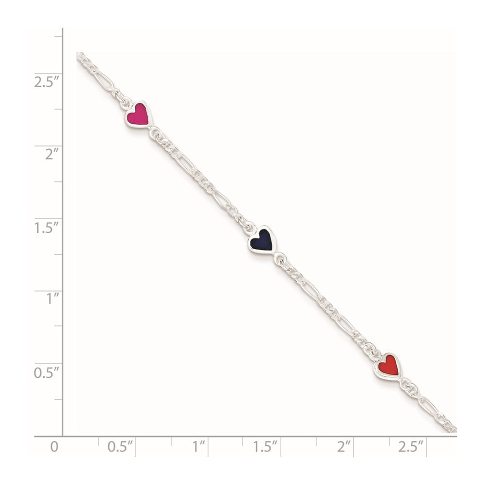 Sterling Silver Polished & Multi-color Enameled Hearts with 1 Inch Extension Children's Bracelet