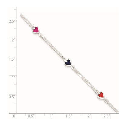 Sterling Silver Polished & Multi-color Enameled Hearts with 1 Inch Extension Children's Bracelet
