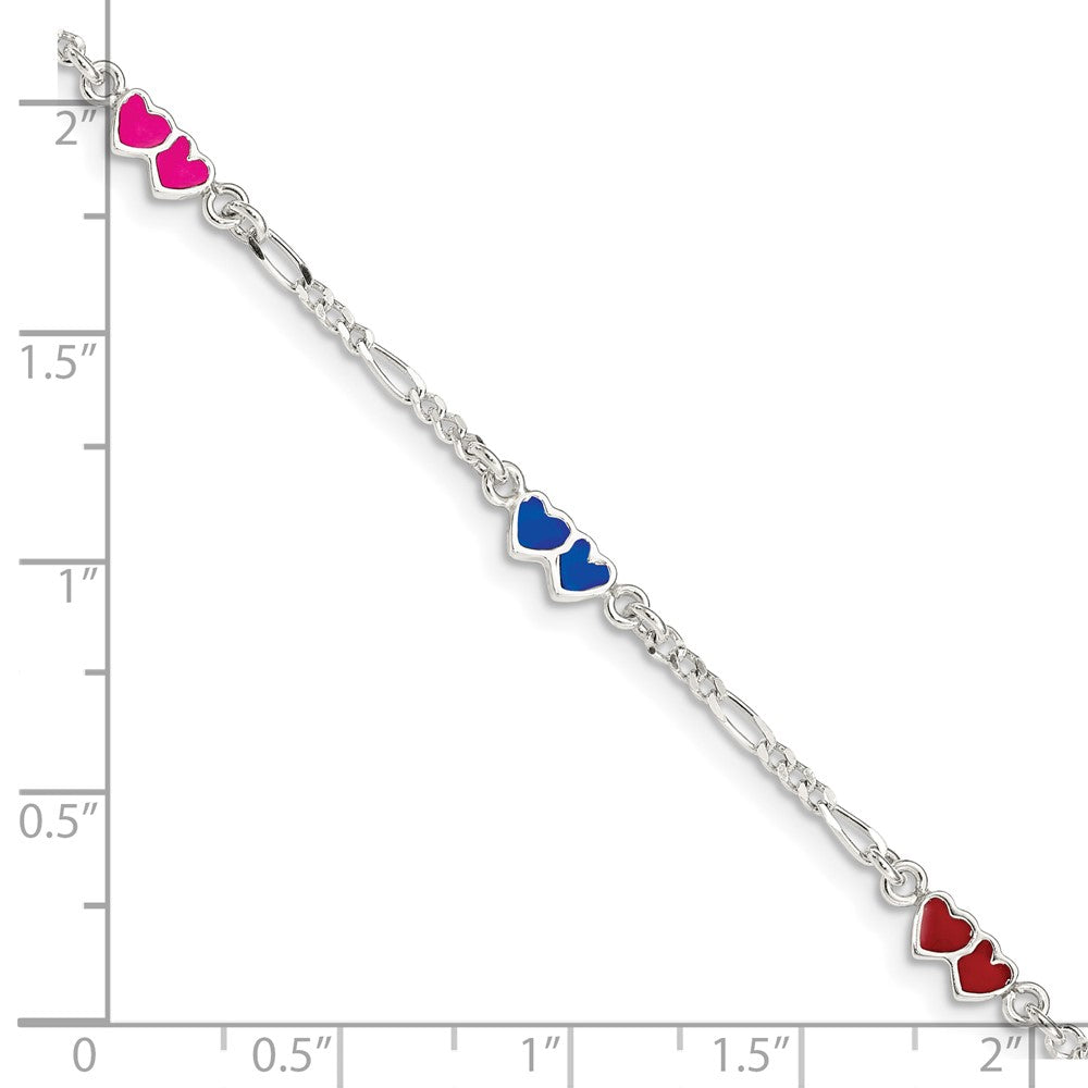 Sterling Silver Polished & Red Enameled Double Heart with 1 Inch Extension Children's Bracelet