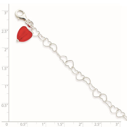 Sterling Silver Link Red Synthetic Crystal Stone Heart Anklet