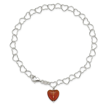 Sterling Silver Link Red Synthetic Crystal Stone Heart Anklet
