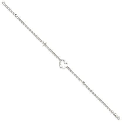 Sterling Silver Open Heart and Bead 9 inch Plus 1 inch Extender - Total 10 inch Anklet