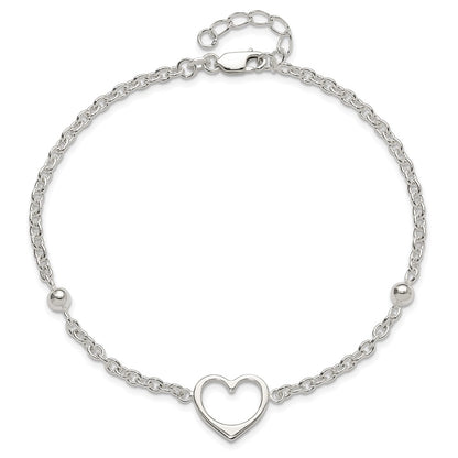 Sterling Silver Open Heart and Bead 9 inch Plus 1 inch Extender - Total 10 inch Anklet
