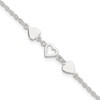 Sterling Silver Three Hearts 9 inch Plus 1 inch Extender - Total 10 inch Anklet