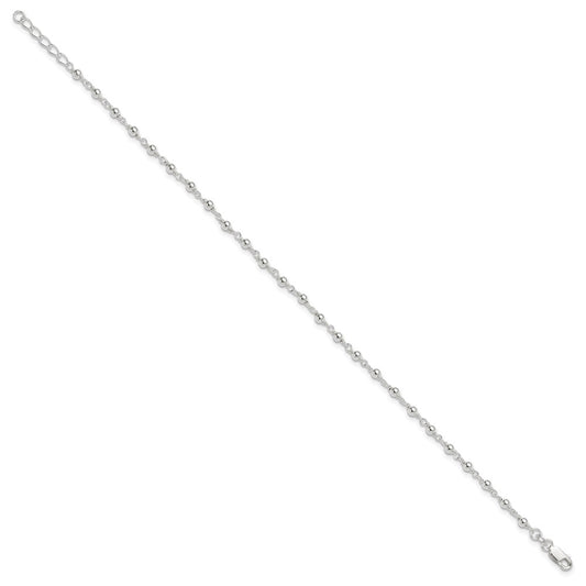 Sterling Silver Beaded 9 inch Plus 1 inch Extender - Total 10 inch Anklet