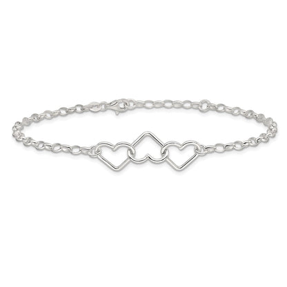 Sterling Silver Interlocking Hearts 8 inch Plus 1 inch Extender - Total 9 inch Anklet