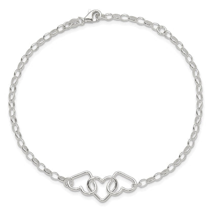 Sterling Silver Interlocking Hearts 8 inch Plus 1 inch Extender - Total 9 inch Anklet