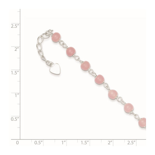 Sterling Silver Pink Glass Bead with Heart Dangle 8 inch Plus 1 inch Extender - Total 9 inch Anklet