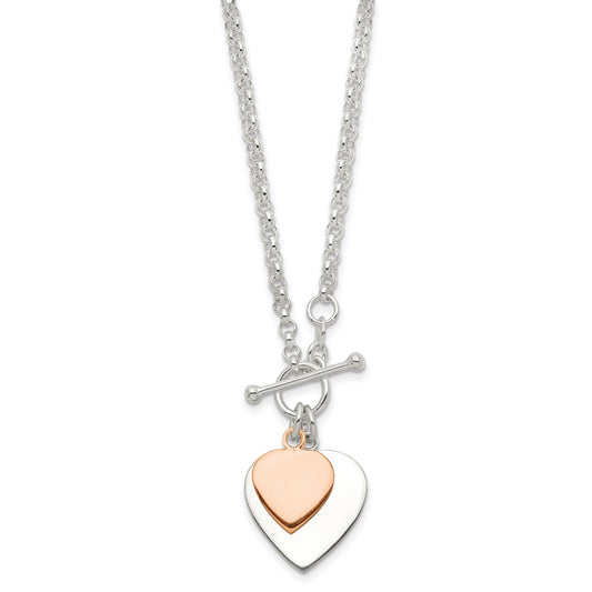 Sterling Silver Rose gold-plated Engravable 29mm Double Heart 18 inch Toggle Necklace