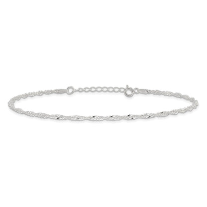 Sterling Silver 2mm Singapore Chain 9 inch Plus 1 inch Extender Chain - Total 10 inch Anklet