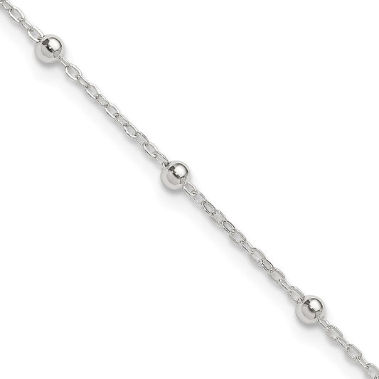 Sterling Silver 1mm Beaded Chain 9 inch Plus 1 inch Extender - Total 10 inch Anklet