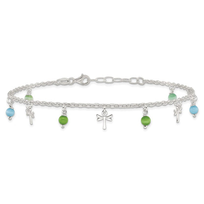 Sterling Silver Dragonfly with Aqua and Green Beads 10 inch Plus 1 inch Extender - Total 11 inch Anklet