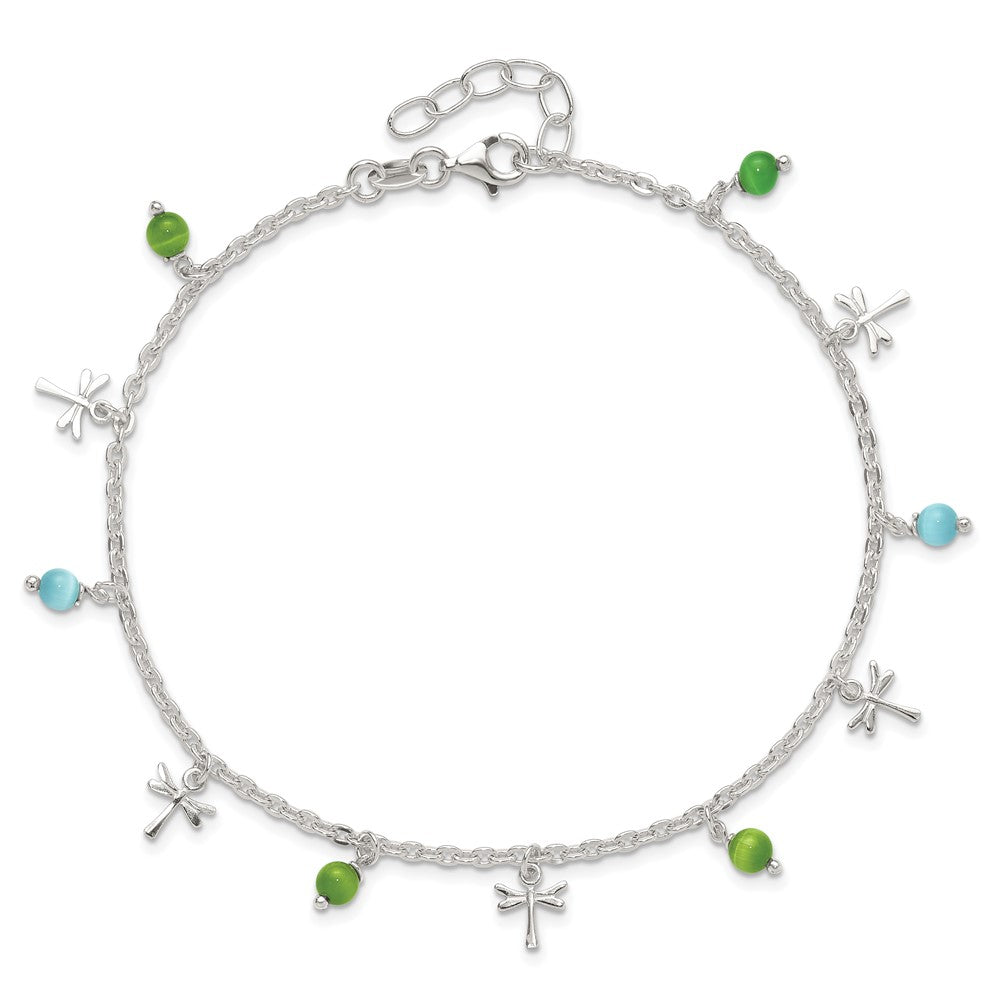 Sterling Silver Dragonfly with Aqua and Green Beads 10 inch Plus 1 inch Extender - Total 11 inch Anklet
