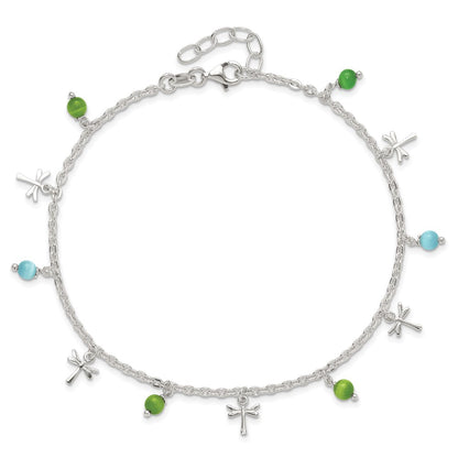 Sterling Silver Dragonfly with Aqua and Green Beads 10 inch Plus 1 inch Extender - Total 11 inch Anklet