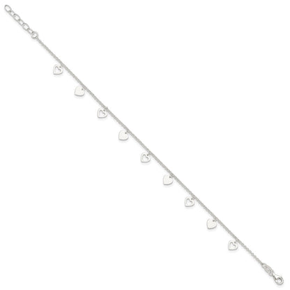 Sterling Silver Double Heart 10 inch Plus 1 inch Extender - Total 11 inch Anklet