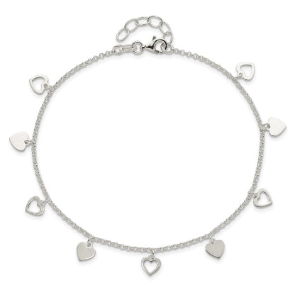 Sterling Silver Double Heart 10 inch Plus 1 inch Extender - Total 11 inch Anklet