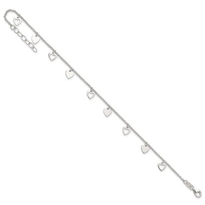 Sterling Silver Double Heart 9 inch Plus 1 inch Extender - Total 10 inch Anklet