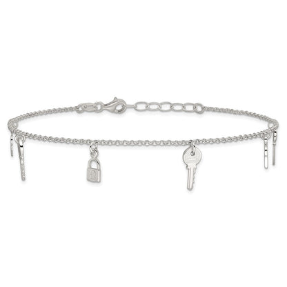 Sterling Silver Lock and Key 9 inch Plus 1 inch Extender - Total 10 inch Anklet
