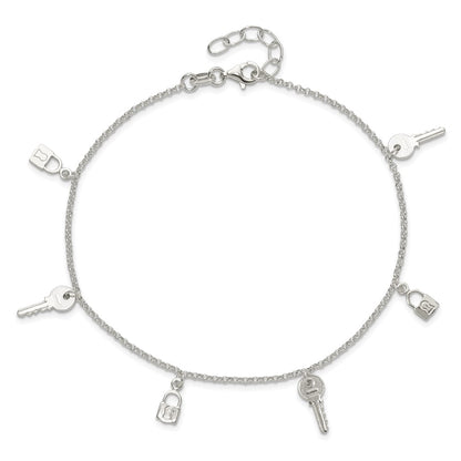 Sterling Silver Lock and Key 9 inch Plus 1 inch Extender - Total 10 inch Anklet