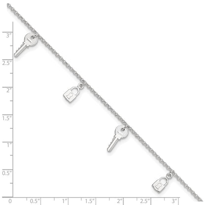 Sterling Silver Lock and Key 9 inch Plus 1 inch Extender - Total 10 inch Anklet