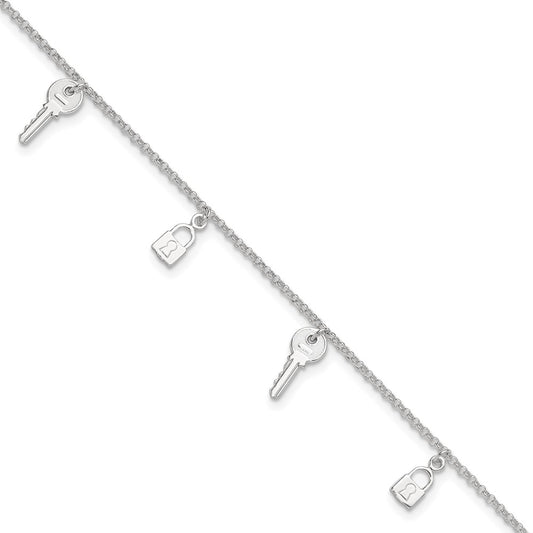 Sterling Silver Lock and Key 9 inch Plus 1 inch Extender - Total 10 inch Anklet