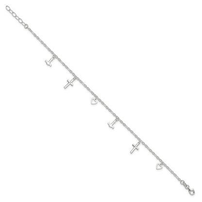 Sterling Silver Cross/Heart/Anchor 10 inch Plus 1 inch Extender - Total 11 inch Anklet