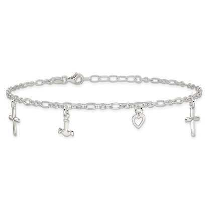 Sterling Silver Cross/Heart/Anchor 10 inch Plus 1 inch Extender - Total 11 inch Anklet