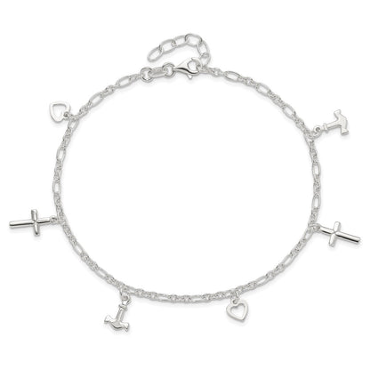 Sterling Silver Cross/Heart/Anchor 10 inch Plus 1 inch Extender - Total 11 inch Anklet