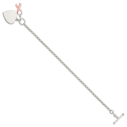 Sterling Silver Fancy Engraveable Heart with Pink Ribbon Bracelet