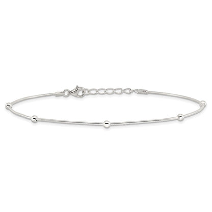 Sterling Silver Beads 5-Station 9 inch Plus 1.5 inch Extender - Total 10.5 inch Anklet