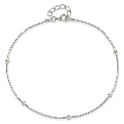 Sterling Silver Beads 5-Station 9 inch Plus 1.5 inch Extender - Total 10.5 inch Anklet