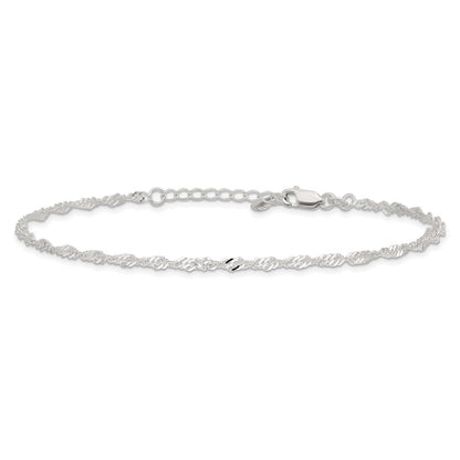Sterling Silver 3mm Singapore Chain 10 inch Plus 1 inch Extender - Total 11 inch Anklet