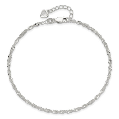 Sterling Silver 3mm Singapore Chain 8 inch Plus 1 inch Extender - Total 9 inch Anklet