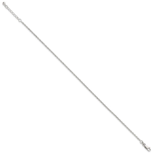 Sterling Silver 2mm Rope Chain 9 inch Plus 1 inch Extender - Total 10 inch Anklet