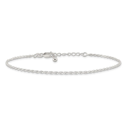 Sterling Silver 2mm Rope Chain 9 inch Plus 1 inch Extender - Total 10 inch Anklet