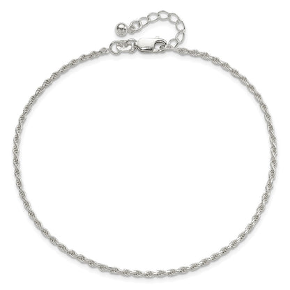 Sterling Silver 2mm Rope Chain 9 inch Plus 1 inch Extender - Total 10 inch Anklet