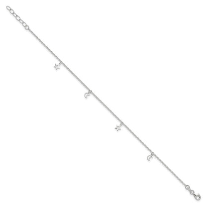 Sterling Silver Moon and Stars 9 inch Plus 1 inch Extender - Total 10 inch Anklet