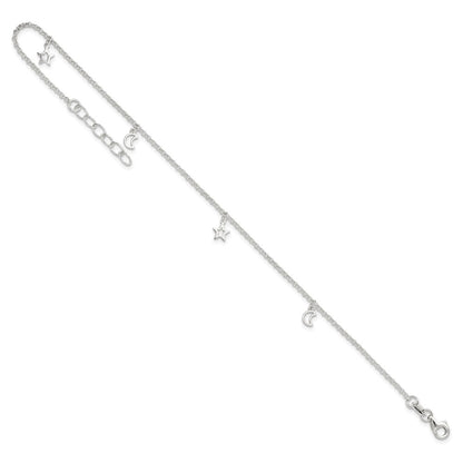 Sterling Silver Moon and Stars 9 inch Plus 1 inch Extender - Total 10 inch Anklet