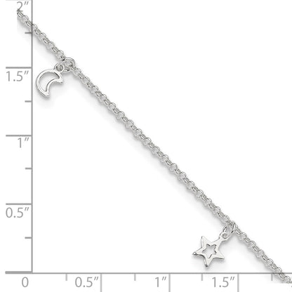 Sterling Silver Moon and Stars 9 inch Plus 1 inch Extender - Total 10 inch Anklet