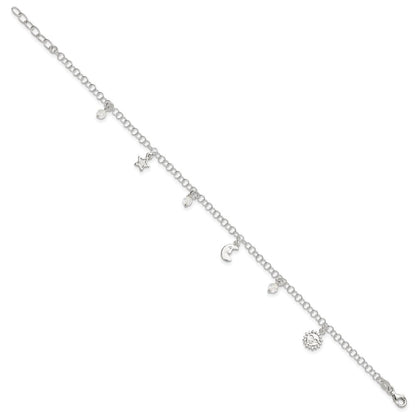 Sterling Silver Sun/Moon/Star/Crystal 10 inch Plus 1 inch Extender - Total 11 inch Anklet